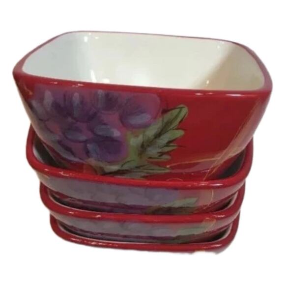 Set of 4 Red Hand-Painted Square Bowls – Grapes Apples Geometric Soup Cereal - Picture 5 of 8